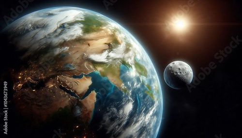 Stunning view of Earth from space with the Moon in the background, illuminated by the Sun. Capturing vibrant continents, clouds, and oceans, this cosmic image reveals the beauty of our planet.