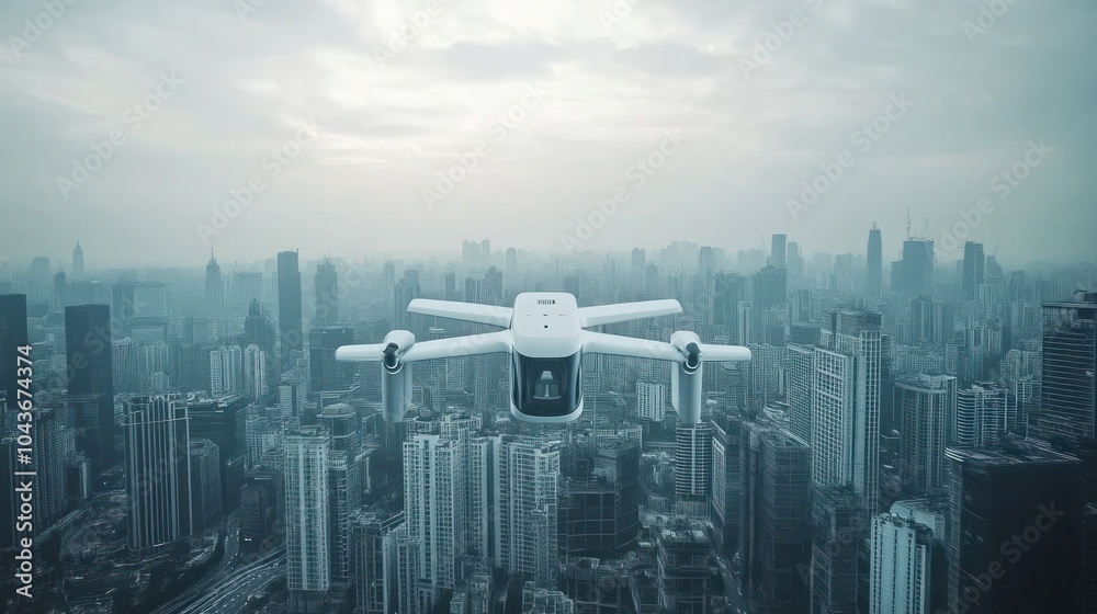 A drone flying over a city skyline, capturing aerial views of urban architecture.