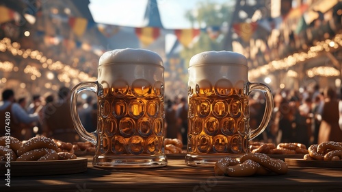 Oktoberfest Celebration, Bavarian Beer Steins and Pretzels, Traditional German Festival, Beer Garden Atmosphere, Authentic Bavarian Culture, Festive Gathering, European Travel Experience