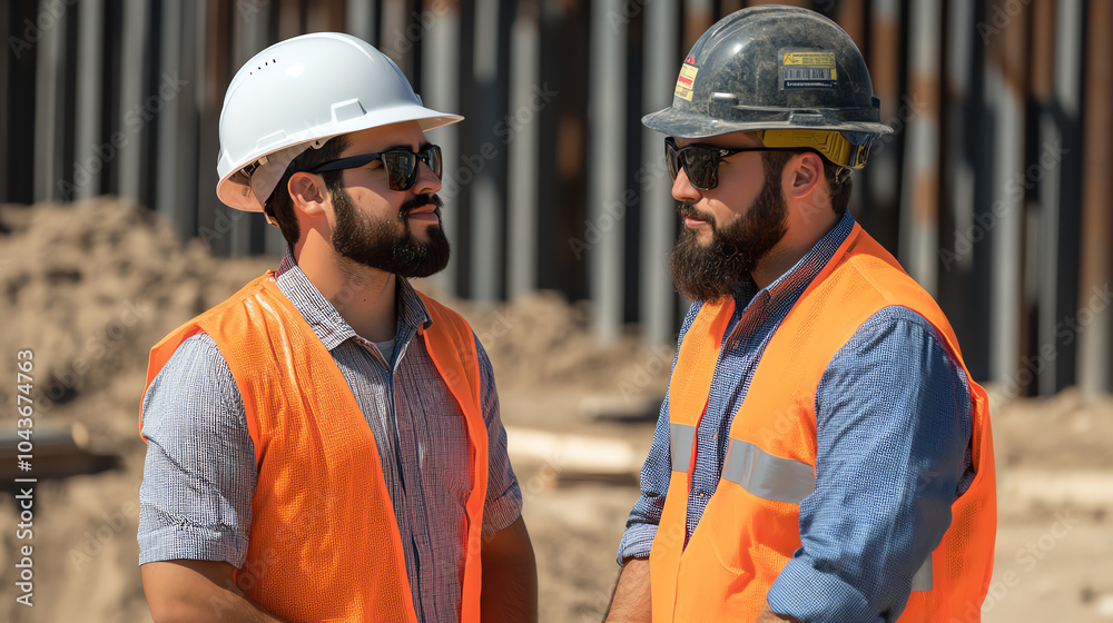 Two construction workers in safety gear discuss their project on a construction site, showcasing teamwork and professionalism.