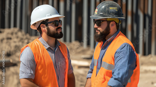 Obraz na płótnie Two construction workers in safety gear discuss their project on a construction site, showcasing teamwork and professionalism. w salonie