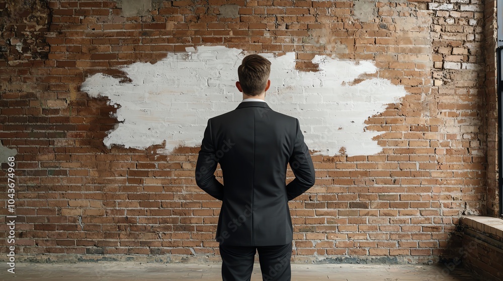 A businessman standing in front of a brick wall with Tariffs painted on it, tariff wall, trade war visual A businessman standing in front of a brick wall with Tariffs painted on it, tariff wall, trade war visual