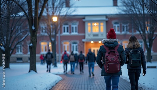 Students walking on a snowy campus in winter, perfect for educational websites, university brochures, academic blogs, or promotional materials for college admissions and campus life.

