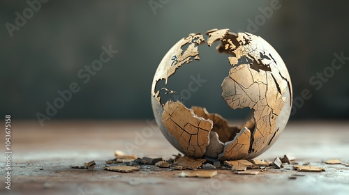 A cracked globe with trading routes broken, symbolizing a disrupted global economy, broken trade links, international conflict