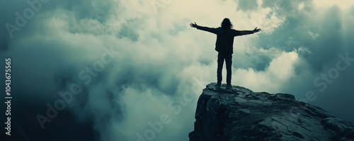 A lone figure stands on the edge of a cliff with arms outstretched, embracing the vastness of the sky and clouds below, symbolizing freedom, fearlessness, and connection with the natural world photo