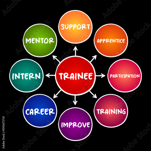 Trainee -  individual taking part in a trainee program within an organization after having graduated from higher and technical courses, mind map concept for presentations and reports