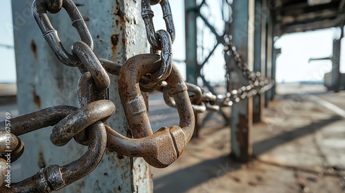 A shipping dock locked down by heavy chains and padlocks, shipping freeze, trade blockade visual