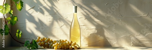 White Wine Bottle and Grapes Against a White Wall With Sunlight
