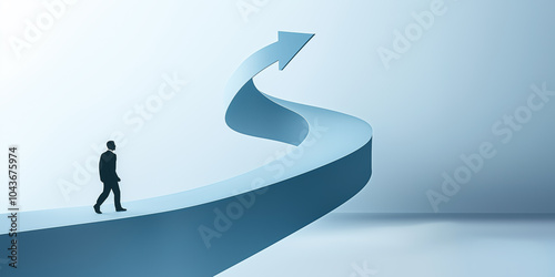A businessman walking up a winding path that transforms into an upward arrow, symbolizing progress, ambition, and business success in a minimalist and abstract style