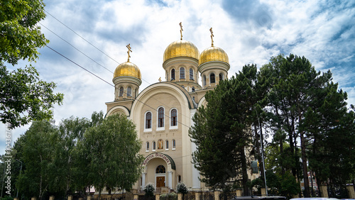 a beautiful Orthodox church. a stone temple. domes