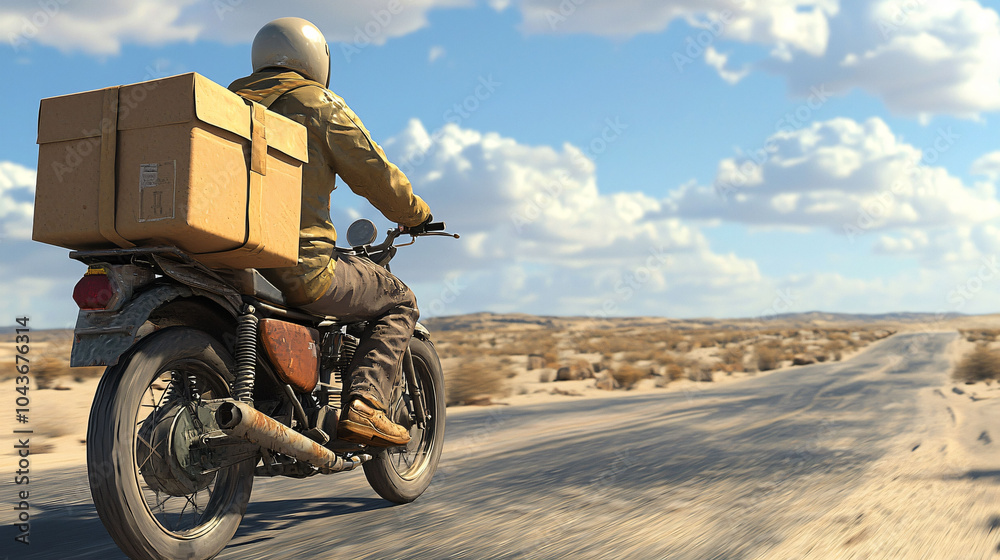 Obraz premium Delivering packages on motorbike through vast desert landscape