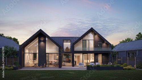 Modern Architecture: A sleek, contemporary home with a striking black exterior and expansive glass windows stands against a twilight sky.