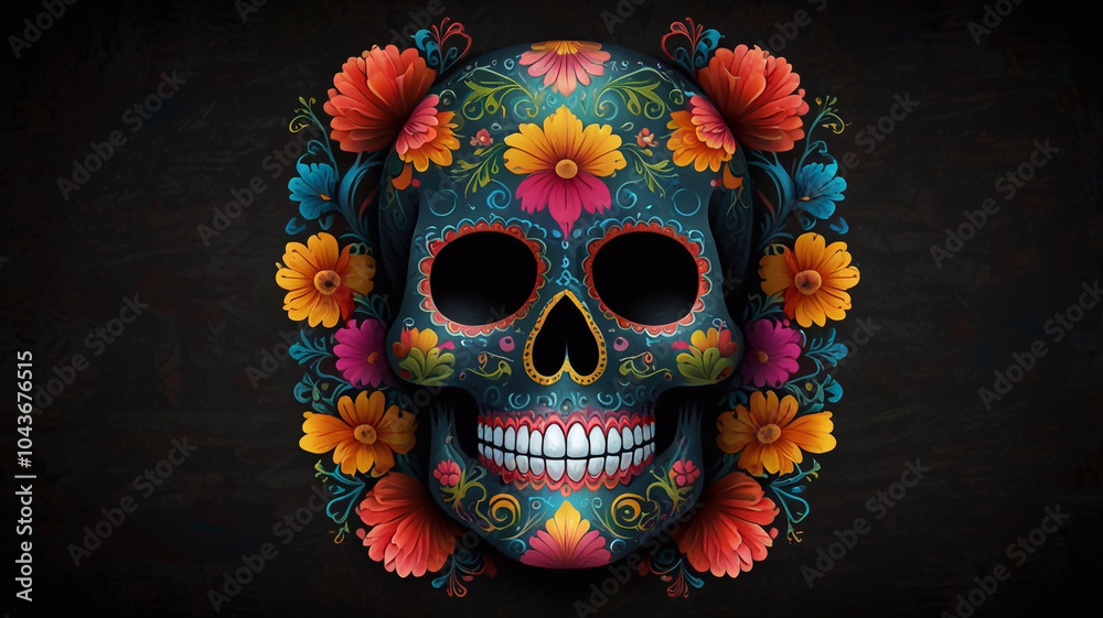 ornate sugar skull on chalkboard for dia de los muertos intricate floral patterns with vibrant colors popping against dark background 