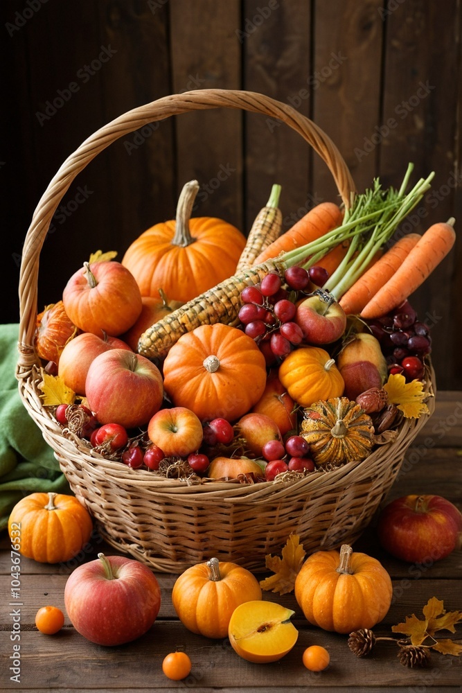 A basket filled with autumn fruits and vegetables A basket filled with autumn fruits and vegetables