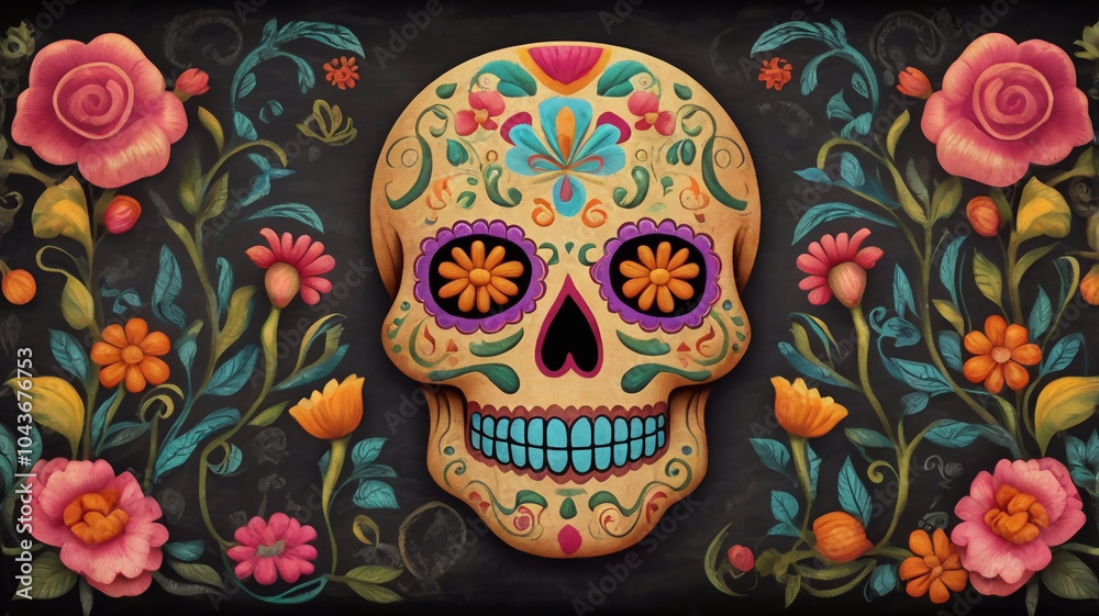 ornate sugar skull on chalkboard for dia de los muertos intricate floral patterns with vibrant colors popping against dark background ornate sugar skull on chalkboard for dia de los muertos intricate floral patterns with vibrant colors popping against dark background