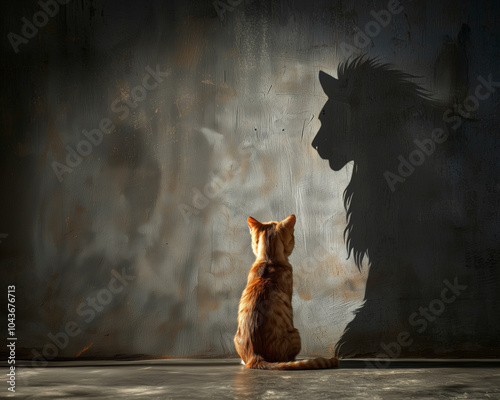 A small orange kitten sits facing a wall where its shadow is cast as a lion, symbolizing inner strength, courage, and the power of self-belief in a dreamlike, inspirational setting photo