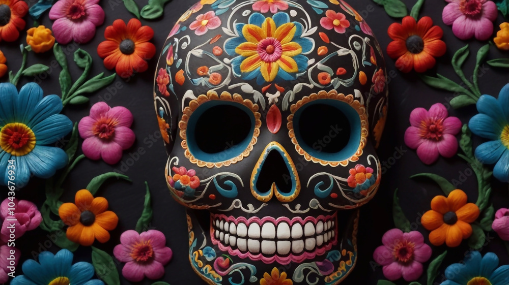 ornate sugar skull on chalkboard for dia de los muertos intricate floral patterns with vibrant colors popping against dark background ornate sugar skull on chalkboard for dia de los muertos intricate floral patterns with vibrant colors popping against dark background
