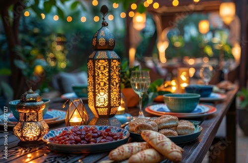 Festive Evening Table Setting With Ornate Lanterns and Dates