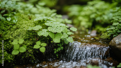 Lush green foliage with droplets of water glistening on leaves beside gentle stream creates serene and tranquil atmosphere in nature