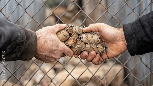 Hands exchanging goods across a spiked fence, symbolizing difficult trade relations, crossborder trade barrier, international commerce struggle photo