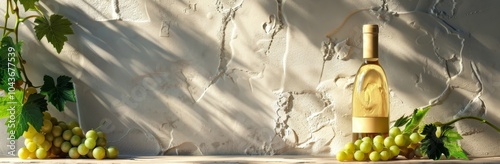 White Wine Bottle and Grapes Against a White Wall With Sunlight