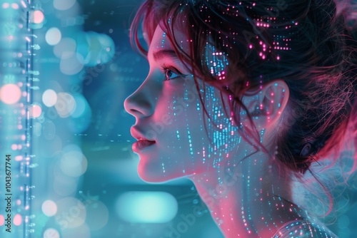 Woman Gazing Through Window With Neon Lights and Digital Patterns