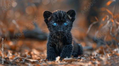 A Black Panther Cub With Striking Blue Eyes Resting Among Fallen Leaves in th...