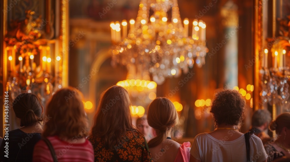Obraz premium A group of guests stand in front of a magnificent chandelier backs turned to the camera as they take in the splendor of the . .