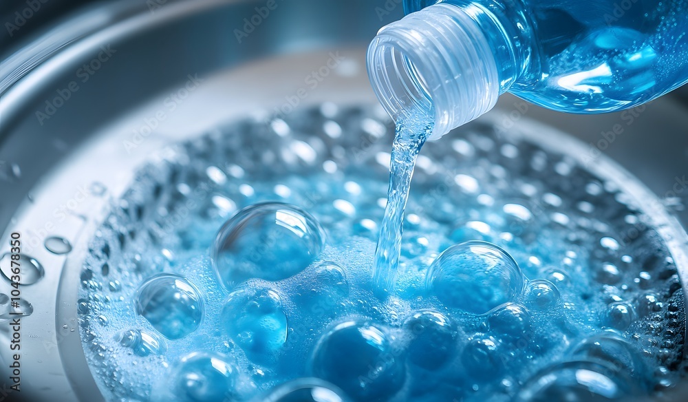 Close-up of blue bubbles in a washing machine bowl with a plastic bottle pouring detergent, photorealistic, stock photo style. Close-up of blue bubbles in a washing machine bowl with a plastic bottle pouring detergent, photorealistic, stock photo style.