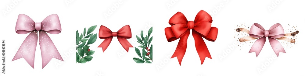 Collection of decorative ribbons and bows, ideal for festive designs, on a white isolated background. Collection of decorative ribbons and bows, ideal for festive designs, on a white isolated background.