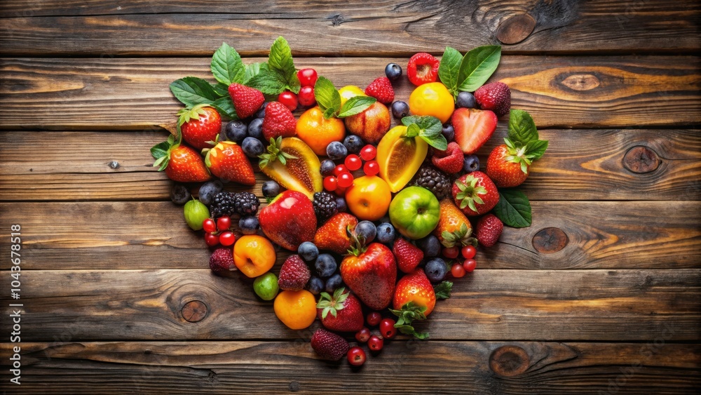 Vibrant Heart-Shaped Fruit Arrangement on Wood Vibrant Heart-Shaped Fruit Arrangement on Wood