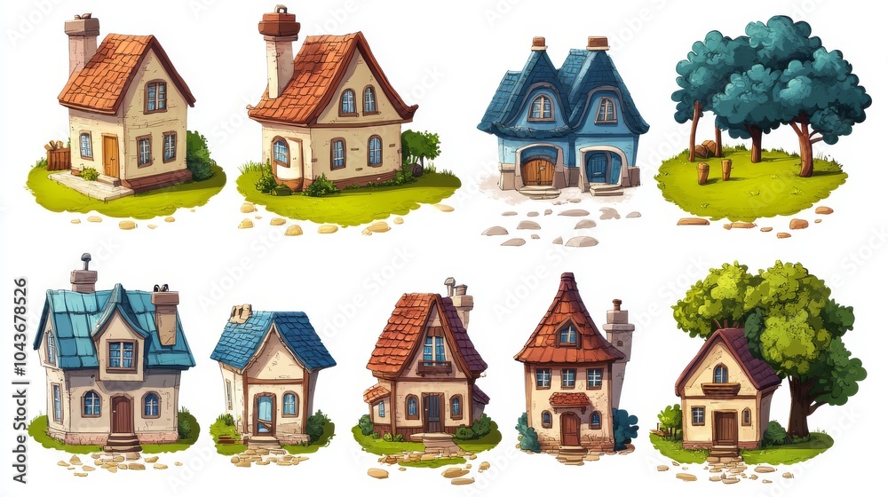 An illustration for a cartoon or game. A set of houses on a white background An illustration for a cartoon or game. A set of houses on a white background