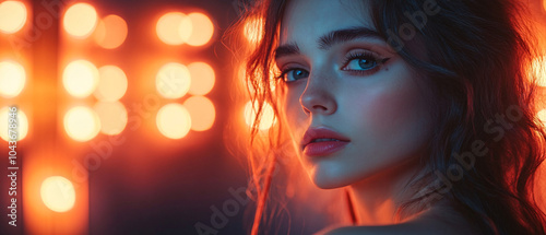 Portrait of a Young Woman with Warm Lighting and Blue Eyes