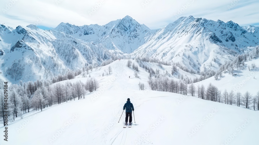 Snowboarder accelerating down a steep hill with snow-covered pine trees in the distance, snowboarding board downhill, Speed and natural beauty Snowboarder accelerating down a steep hill with snow-covered pine trees in the distance, snowboarding board downhill, Speed and natural beauty
