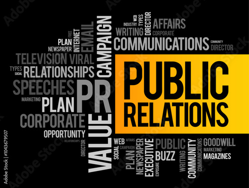 Public Relations - practice of managing and disseminating information from an individual or an organization to the public in order to influence their perception, word cloud background