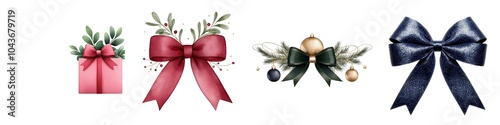 Various decorated bows and gift elements, ideal for seasonal designs and celebrations, white isolated background.
