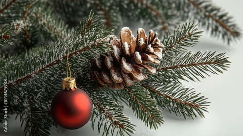 Christmas and New Year symbols: Bright red ornaments and pinecones on snowy fir branches. Festive winter holiday background with soft focus.