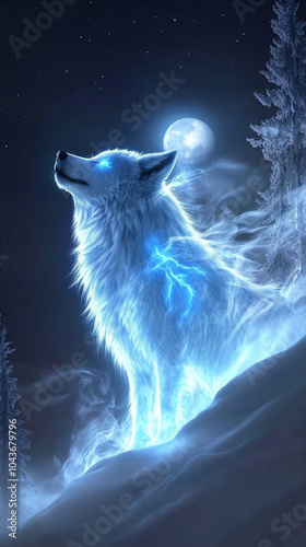 Glowing Blue Spirit Wolf Under the Moonlight in a Snowy Forest, Mystical and Fantasy-Themed Digital Art for Wildlife and Nature Concepts photo