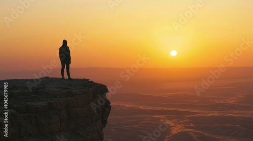 A person stands on a rocky ledge overlooking a seemingly endless desert body silhouetted against the rising sun in the distance. . . photo