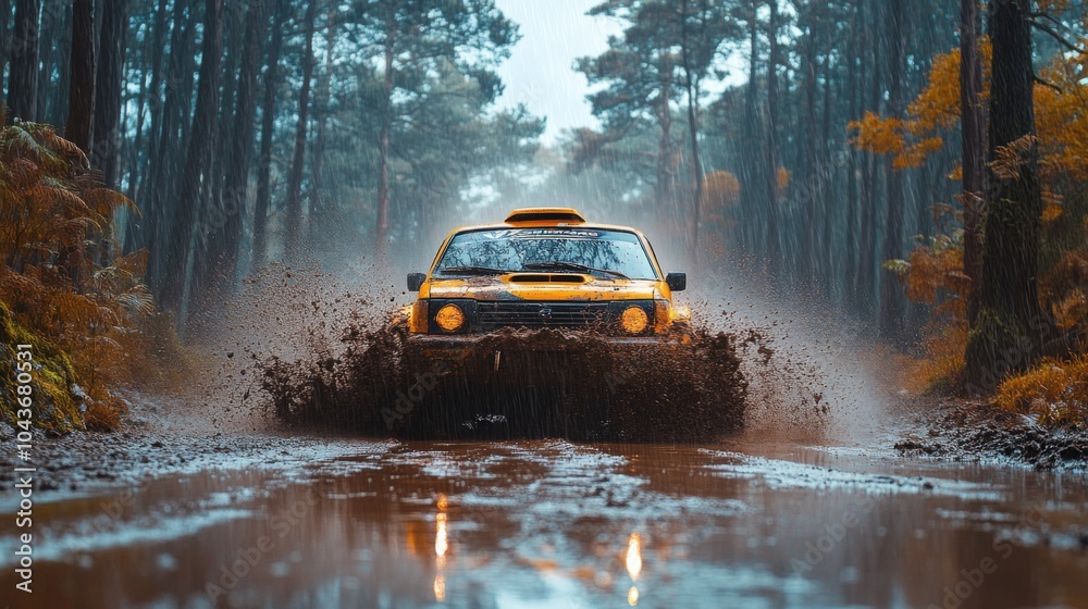 A yellow vehicle navigates through a muddy path, creating splashes of water as fall leaves surround the wet, forested area in the background, showcasing the beauty of nature. A yellow vehicle navigates through a muddy path, creating splashes of water as fall leaves surround the wet, forested area in the background, showcasing the beauty of nature.