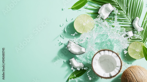 Fresh coconut water splashes amidst coconut pieces, lime slices, and green leaves, creating refreshing tropical vibe. Perfect for summer drinks and healthy recipes