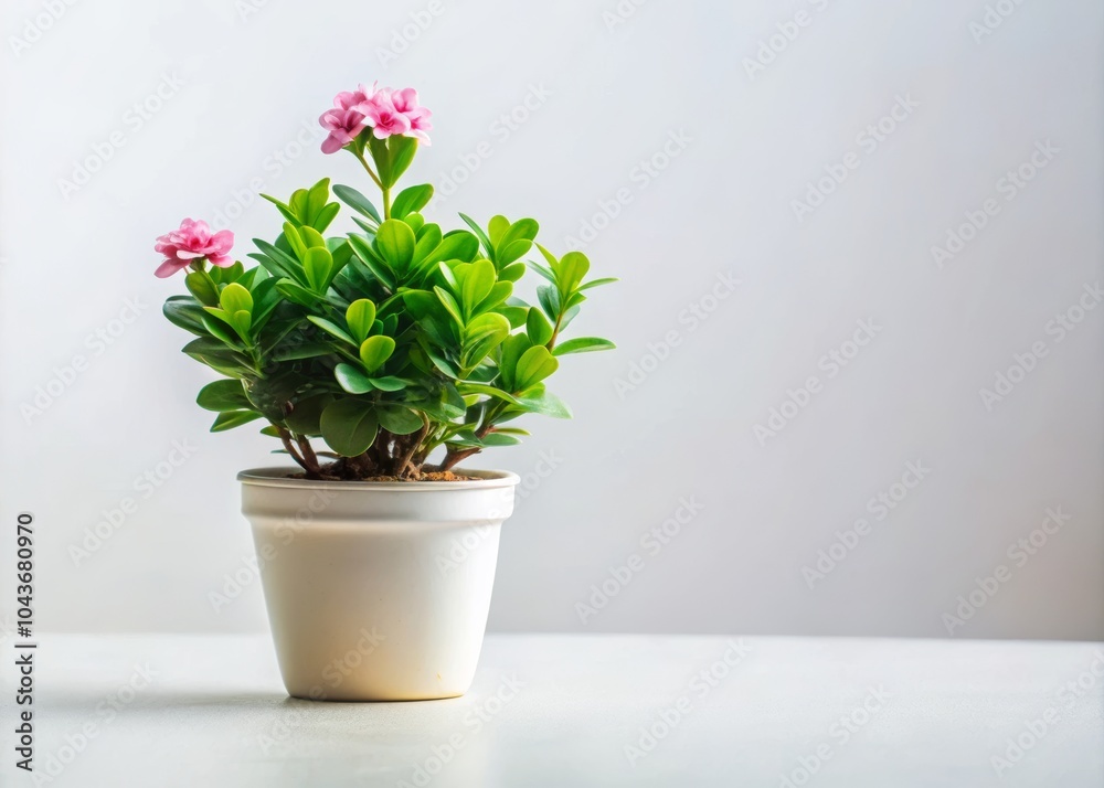 Green Plant in White Pot with Pink Flowers Green Plant in White Pot with Pink Flowers