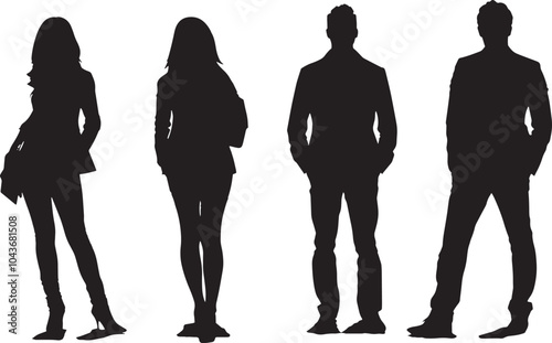 Four business professionals in silhouette standing together, representing teamwork, unity, and corporate dynamics in a modern work environment.
