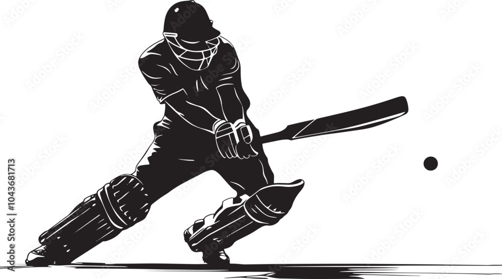 Fototapeta premium A cricket player in silhouette, poised in a batting stance, ready to strike the ball, symbolizing focus and action in sports.