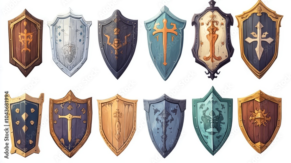 An illustration for a cartoon or game. A set of knight's shields on a white background An illustration for a cartoon or game. A set of knight's shields on a white background