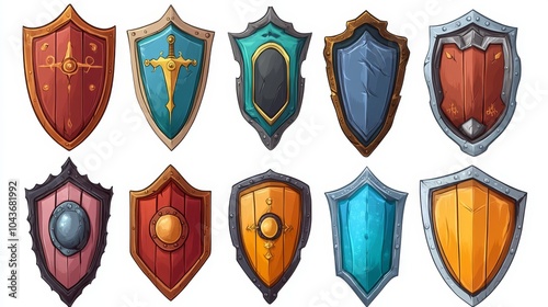 An illustration for a cartoon or game. A set of knight's shields on a white background