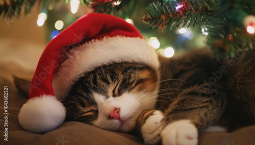 Cute Cat Wearing Santa Hat Sleeping Under Christmas Tree - Pet in Christmas-Themed Costume photo