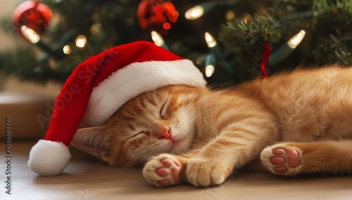 Cute Cat Wearing Santa Hat Sleeping Under Christmas Tree - Pet in Christmas-Themed Costume photo