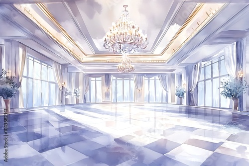 Watercolor Painting of a Grand Ballroom with a Crystal Chandelier.