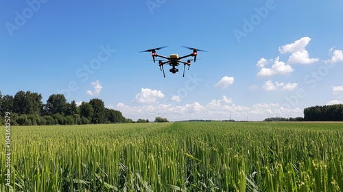 Drone Flying Over Lush Green Farm Capturing Data photo